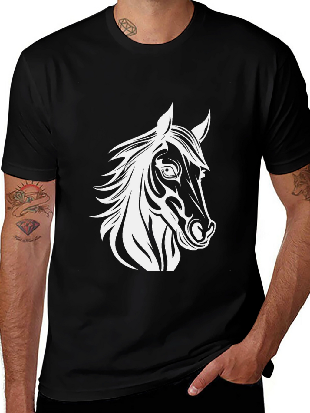 Black T-Shirt with Horse Head Graphic