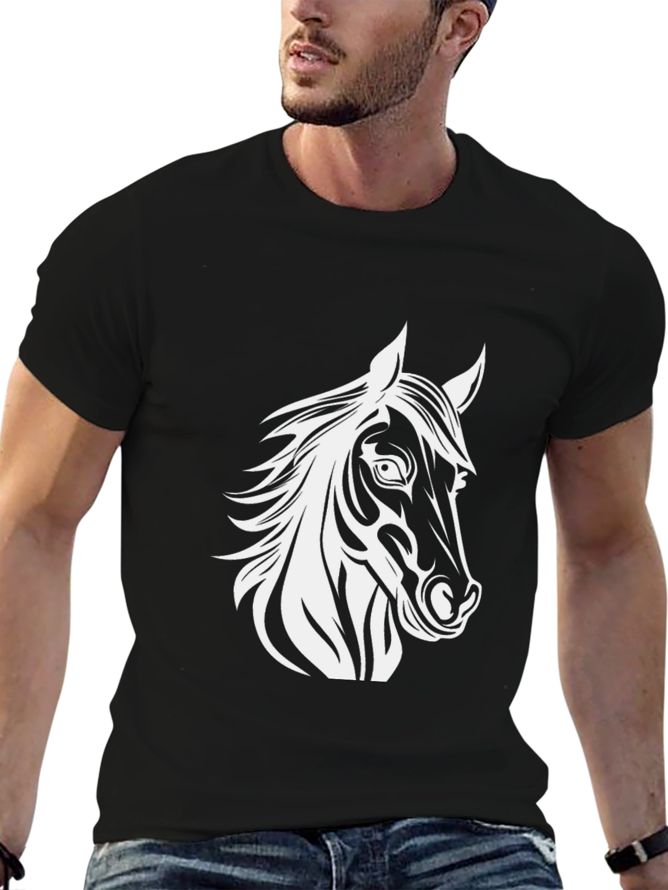 Black T-Shirt with Horse Head Graphic