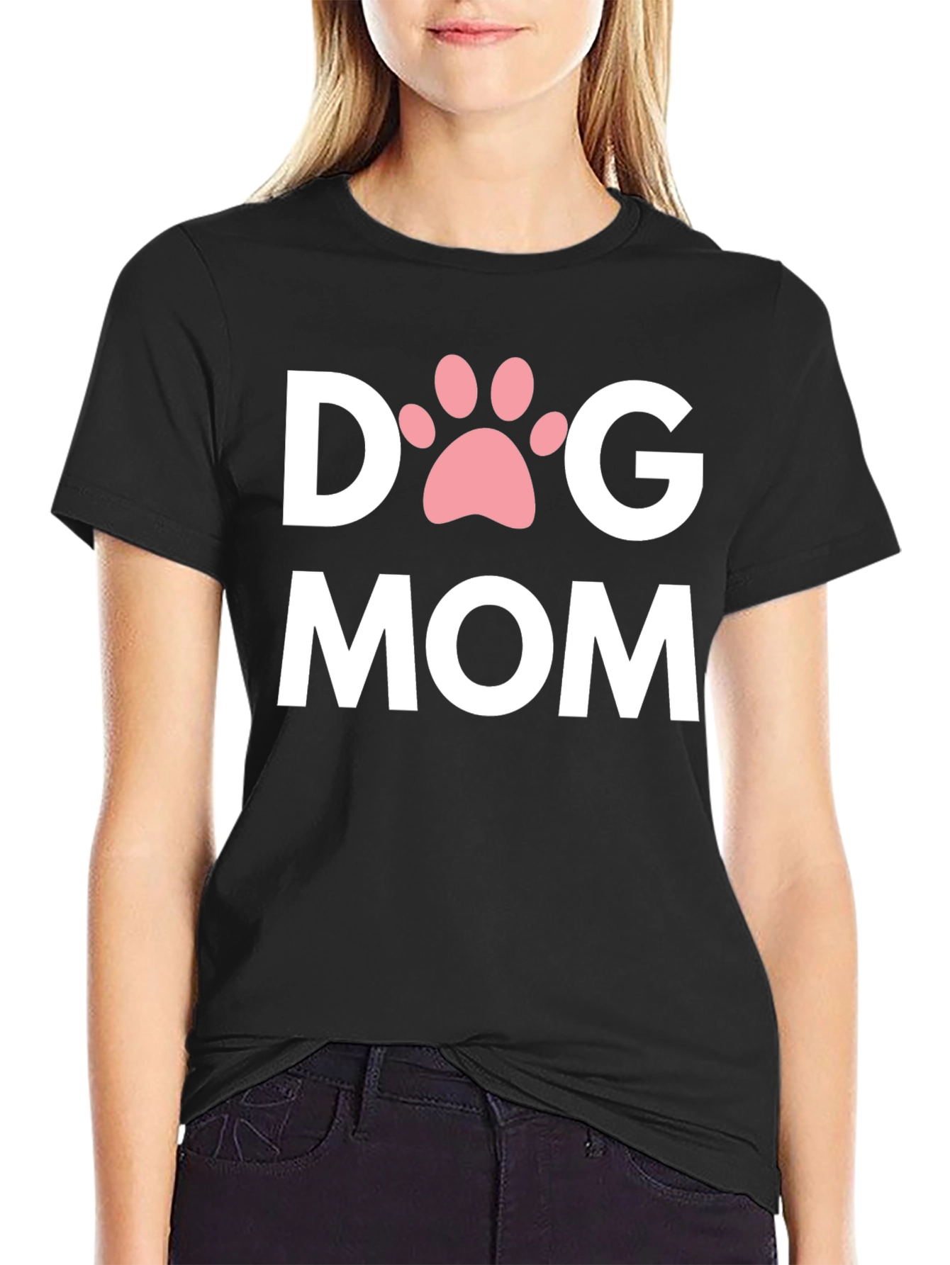 Dog Mom T-Shirt with Paw Print - Black