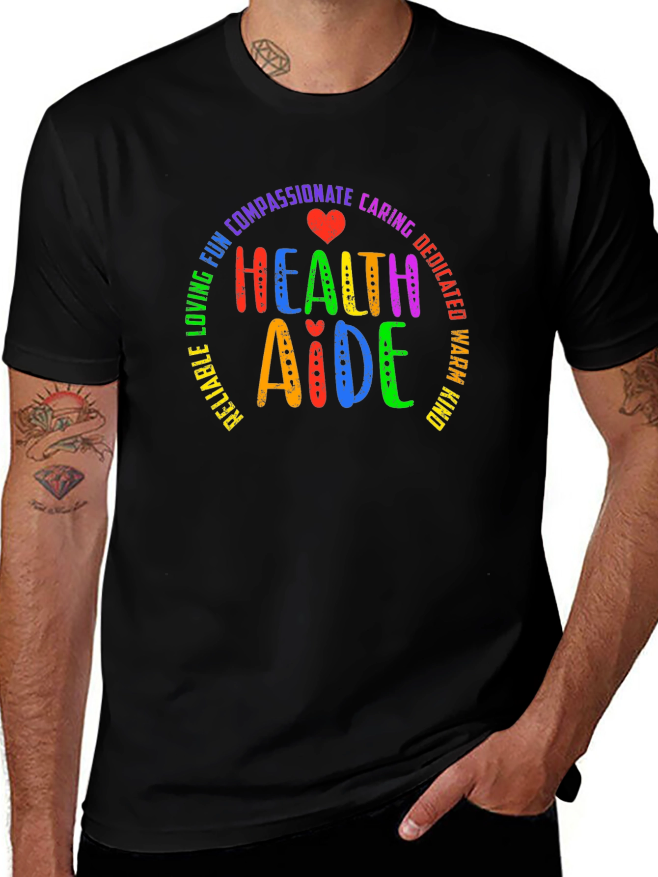 Health Aide Rainbow Text Black T-Shirt