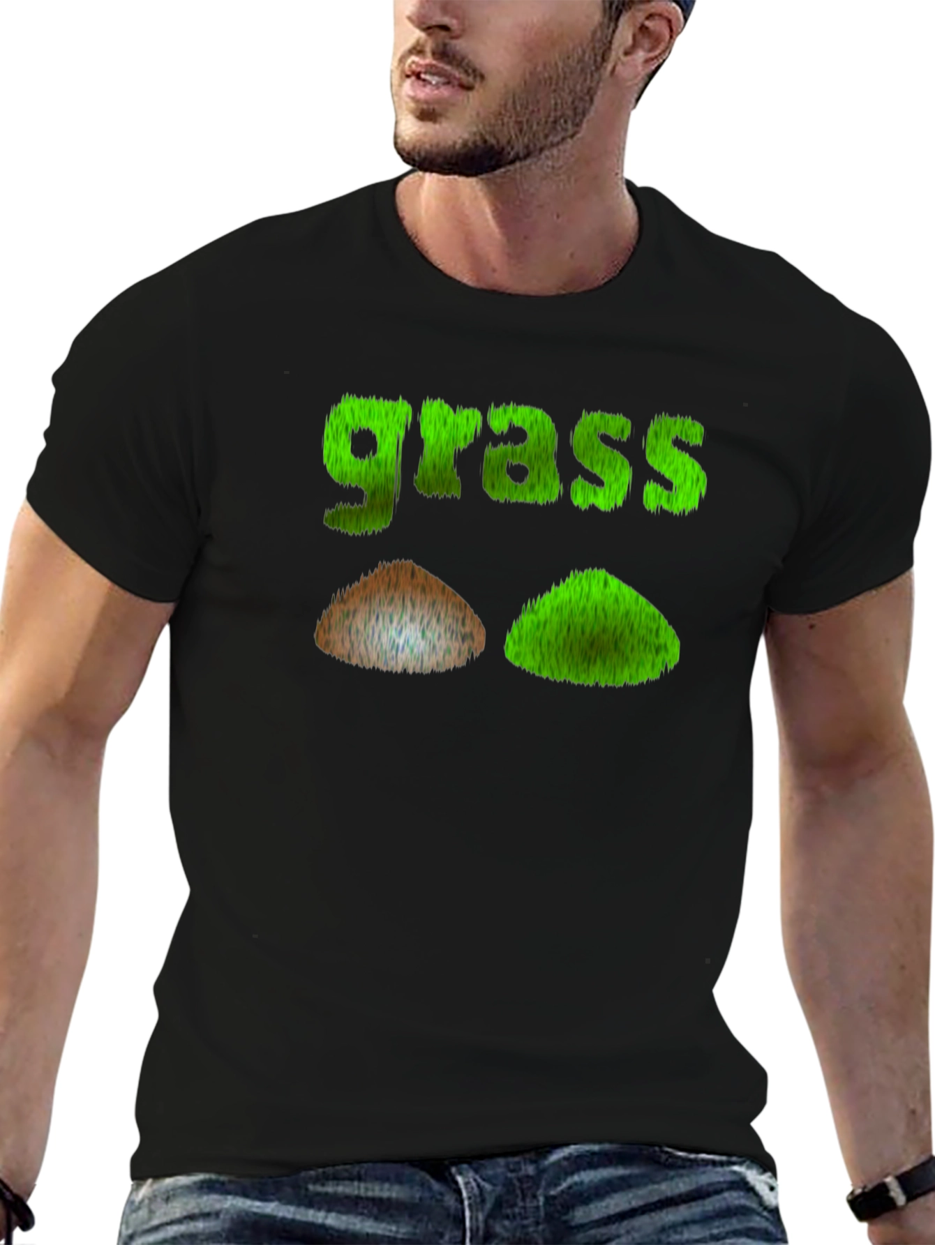 Funny Grass Design Black T-Shirt