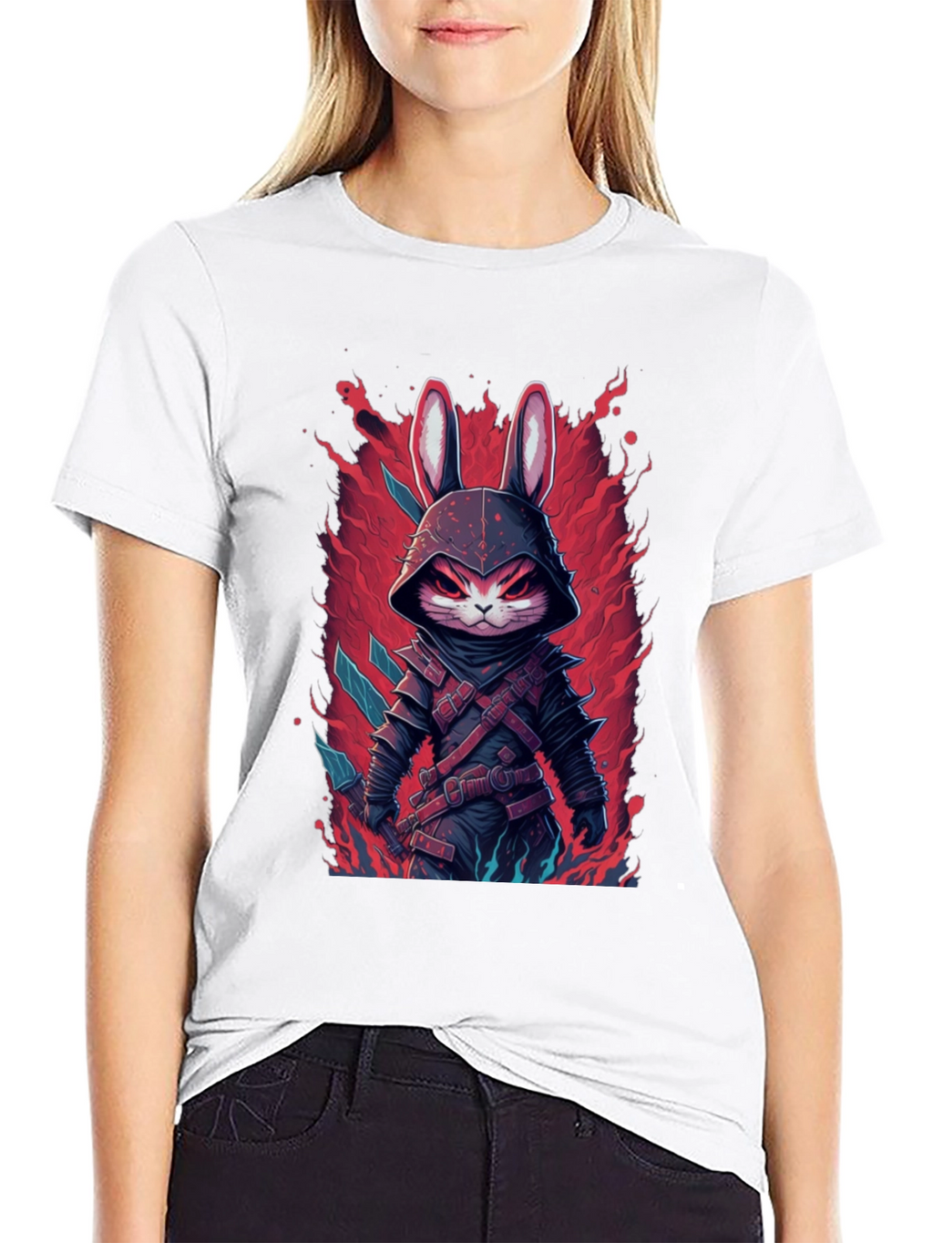 Mens Black T-Shirt with Rabbit Warrior Graphic