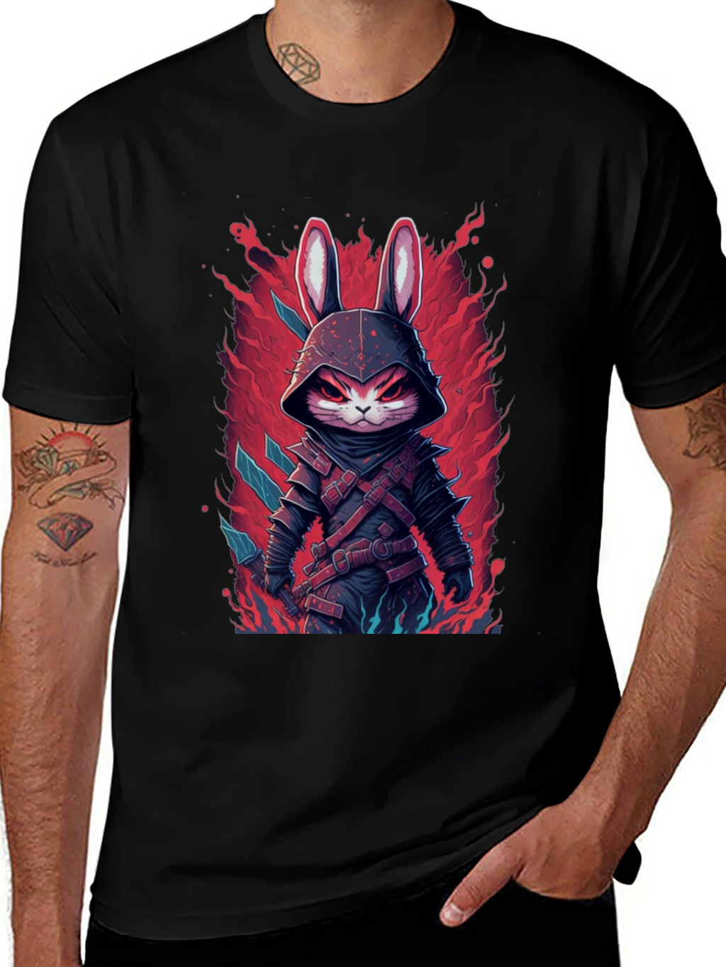 Mens Black T-Shirt with Rabbit Warrior Graphic