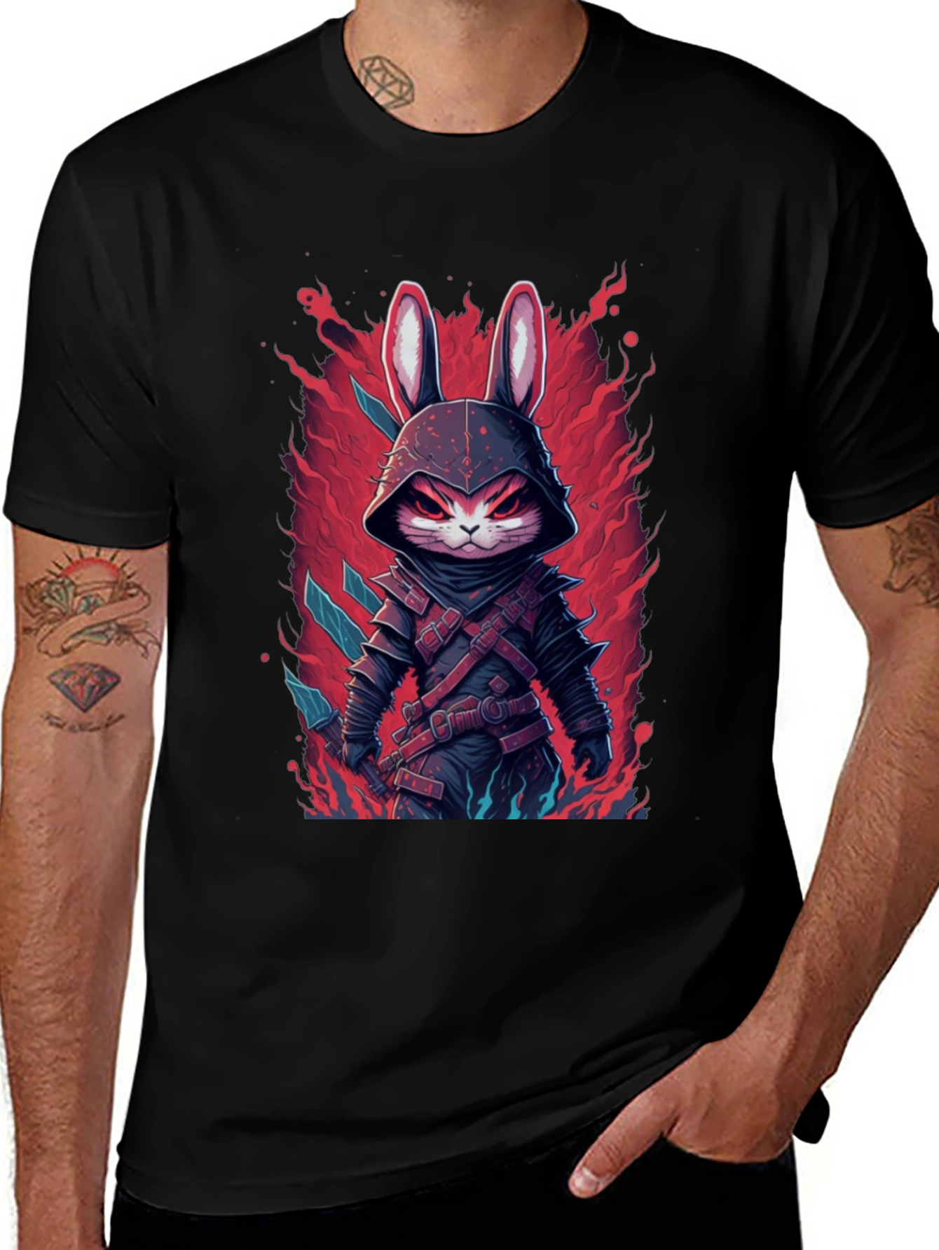 Mens Black T-Shirt with Rabbit Warrior Graphic