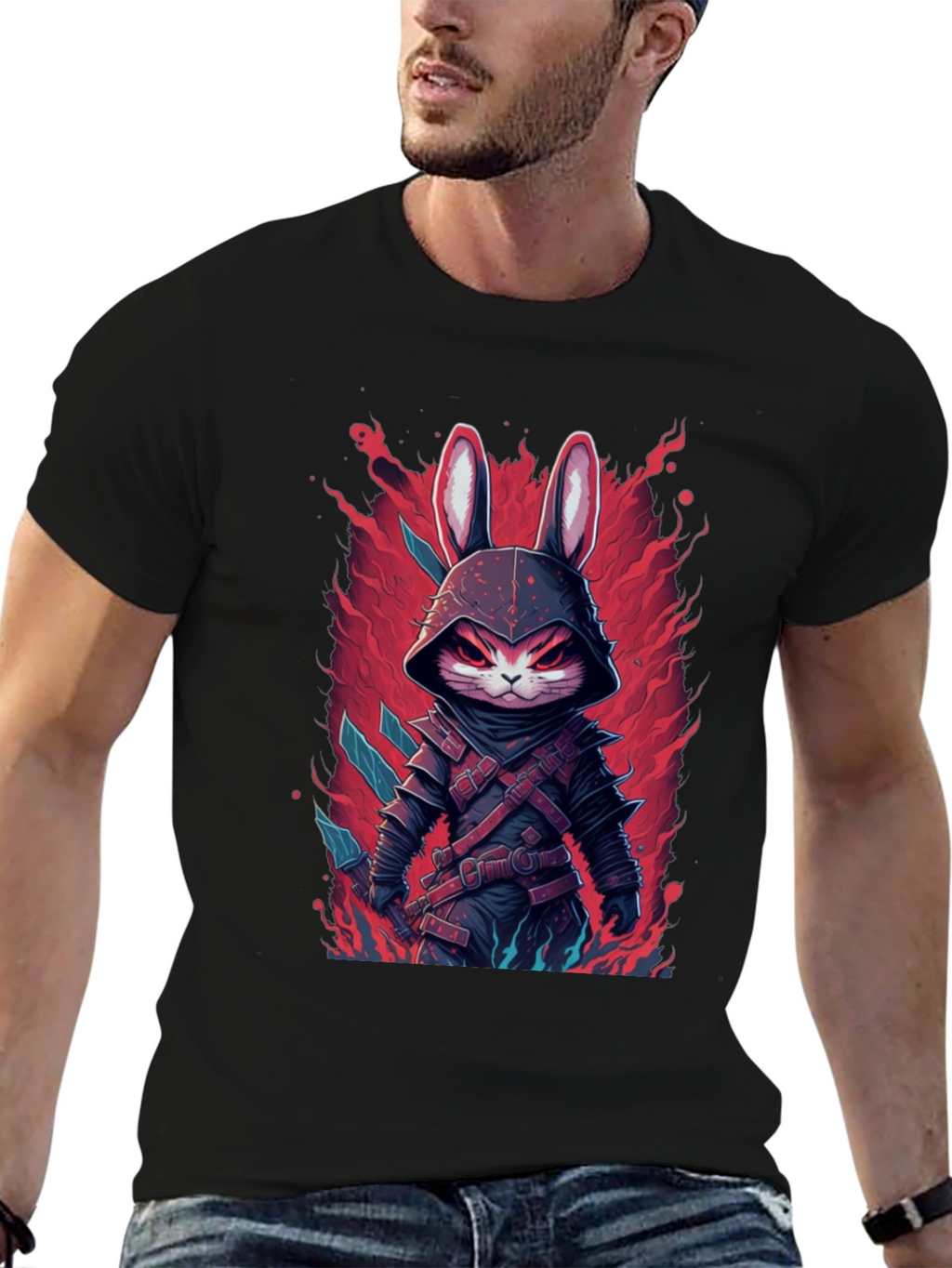 Mens Black T-Shirt with Rabbit Warrior Graphic