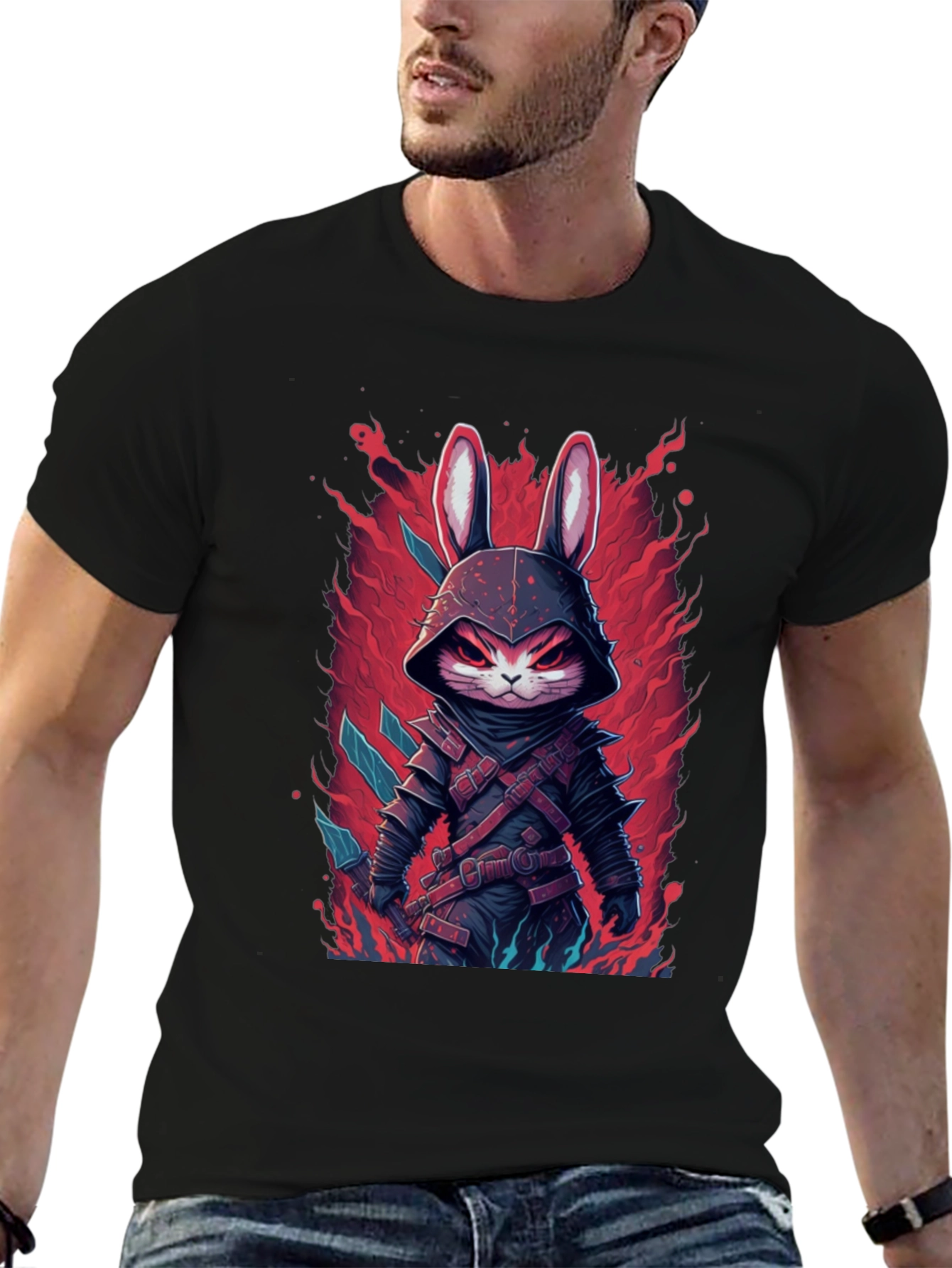 Mens Black T-Shirt with Rabbit Warrior Graphic