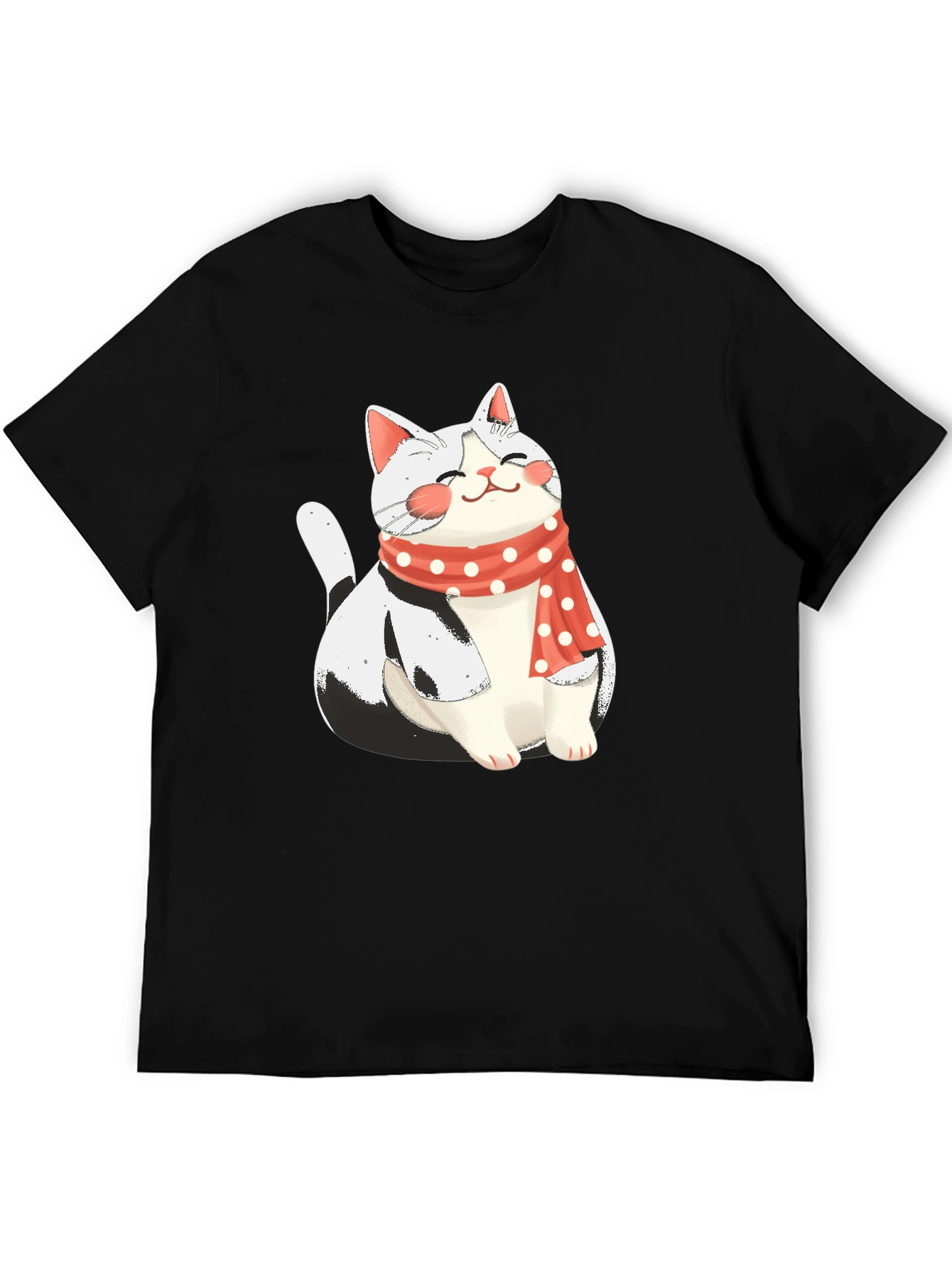 Cute Cat with Scarf Graphic Tee - Black