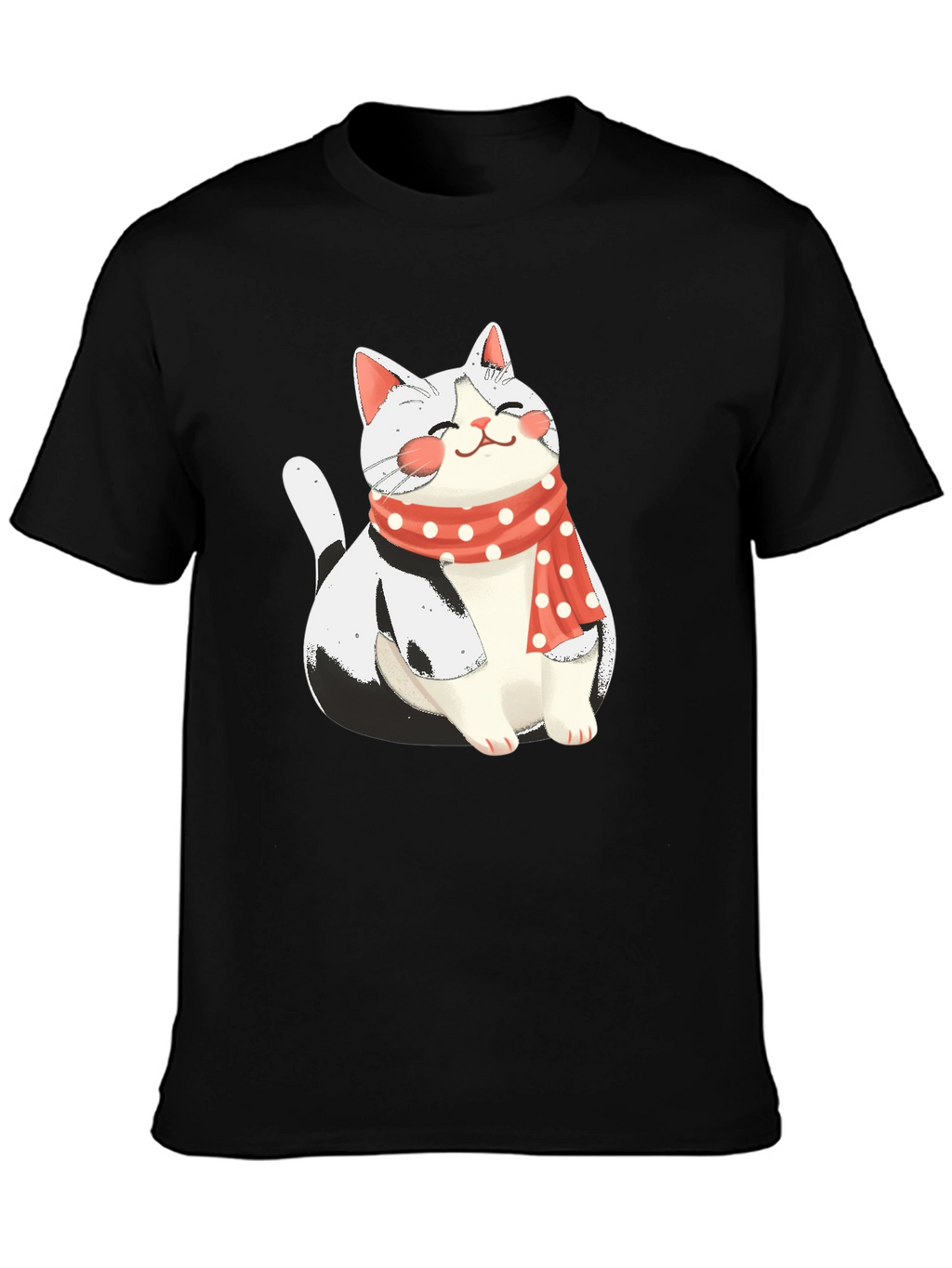 Cute Cat with Scarf Graphic Tee - Black