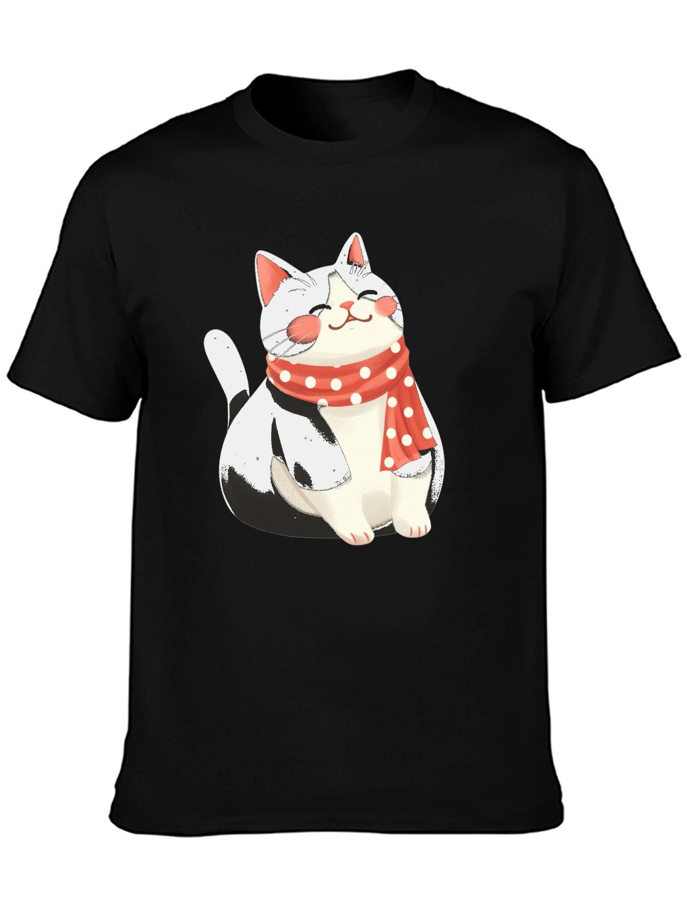 Cute Cat with Scarf Graphic Tee - Black