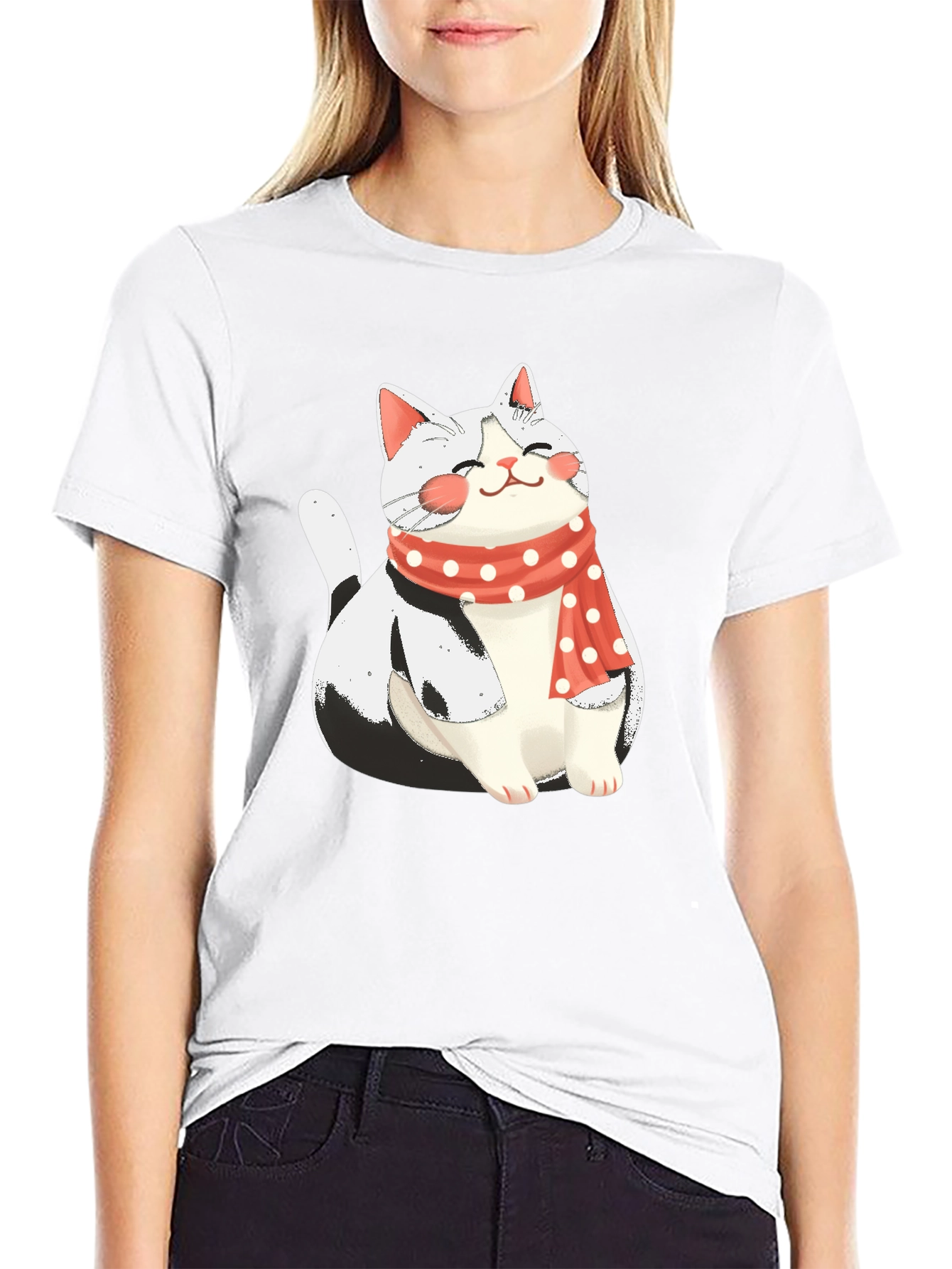Cute Cat with Scarf Graphic Tee - Black