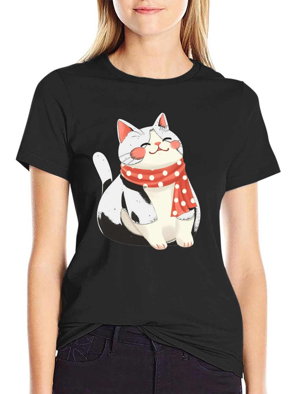 Cute Cat with Scarf Graphic Tee - Black