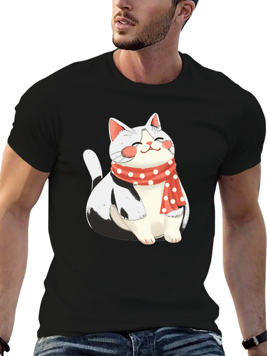 Cute Cat with Scarf Graphic Tee - Black