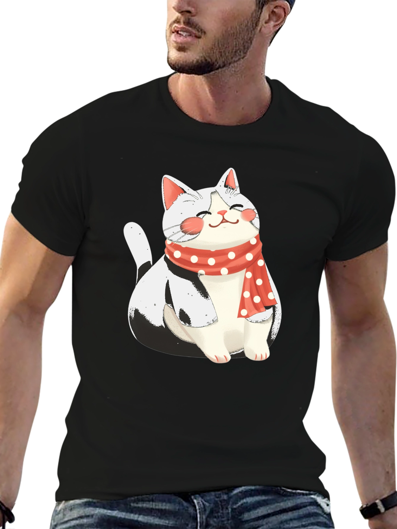 Cute Cat with Scarf Graphic Tee - Black