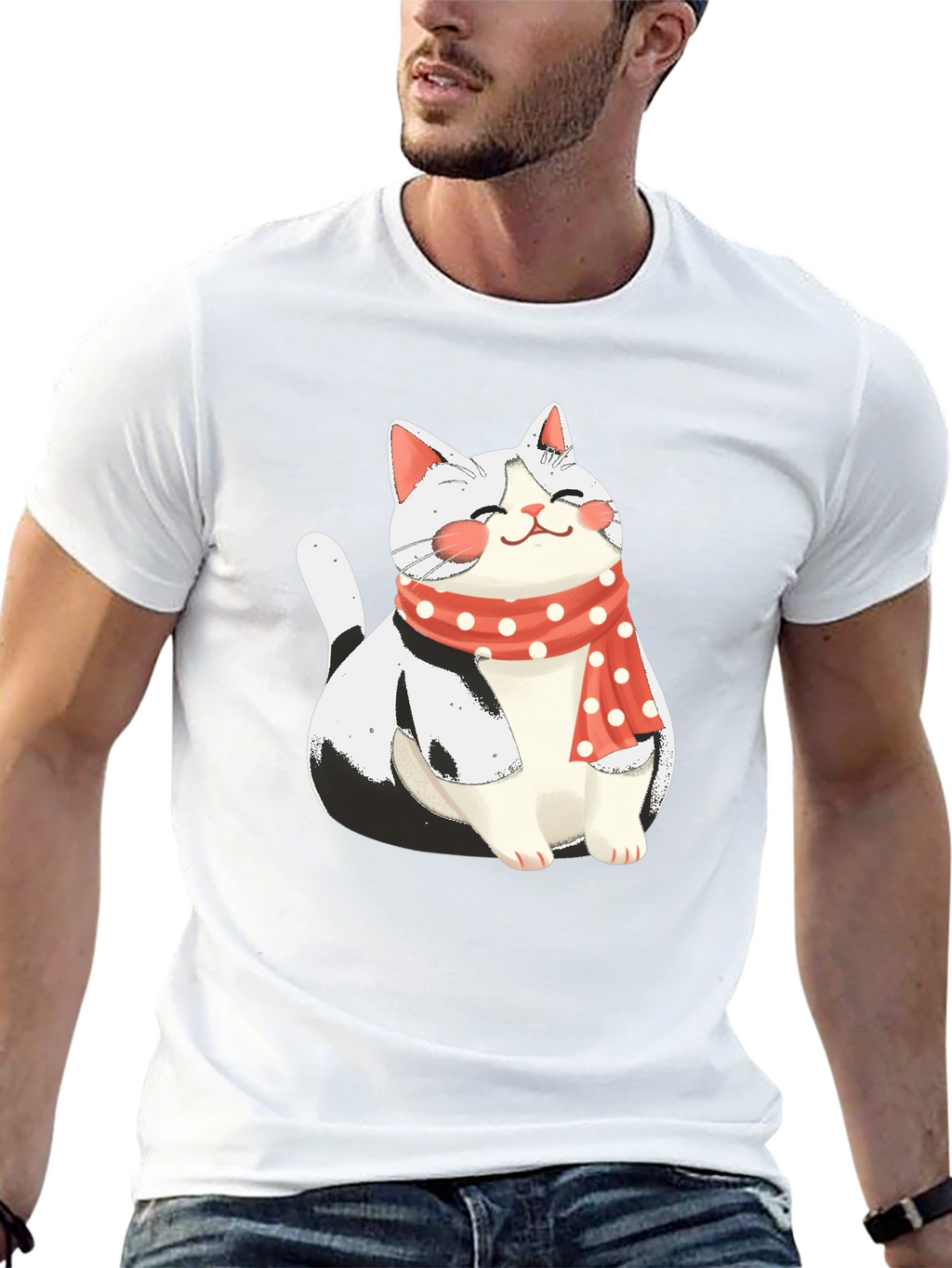 Cute Cat with Scarf Graphic Tee - Black
