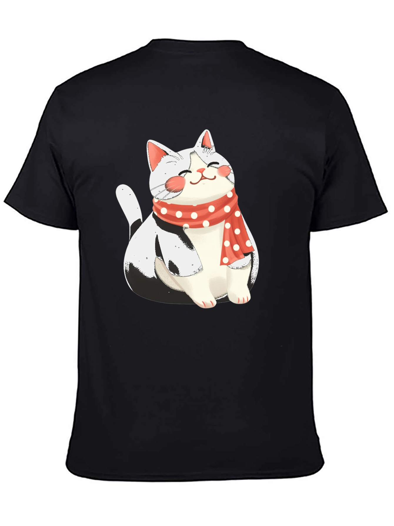 Cute Cat with Scarf Graphic Tee - Black