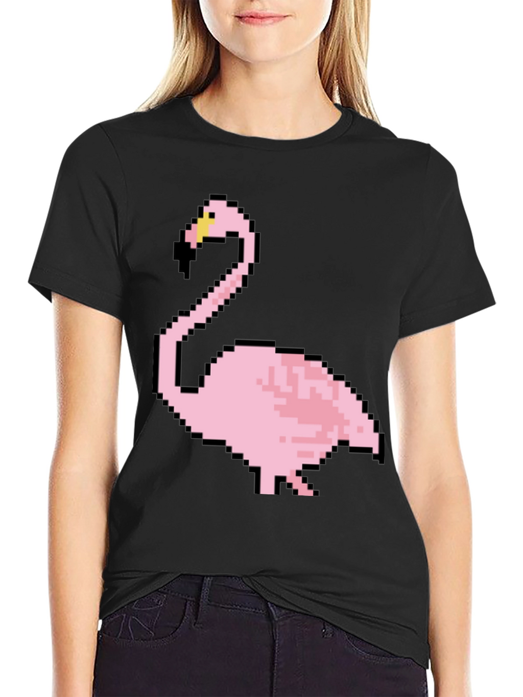 Pixel Flamingo Graphic Tee - Black Cotton T-Shirt