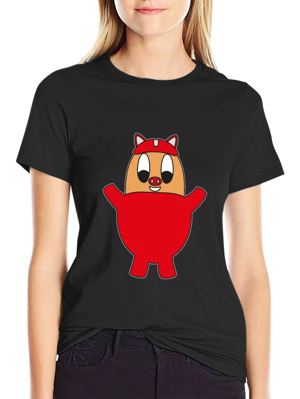 Cartoon Pig Egg Tee - Unisex Black Cotton Shirt