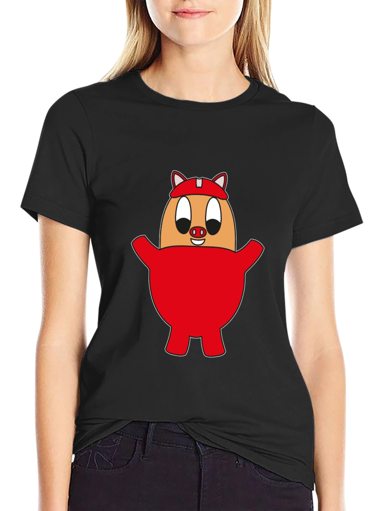 Cartoon Pig Egg Tee - Unisex Black Cotton Shirt