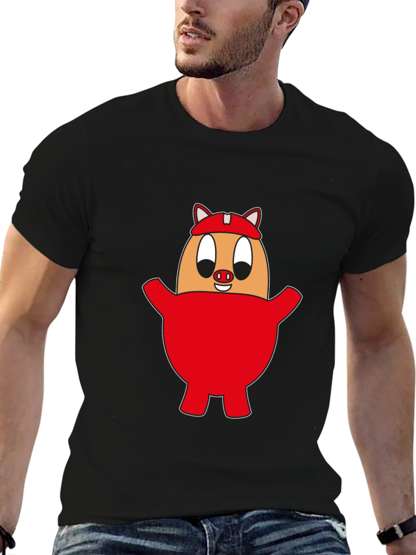 Cartoon Pig Egg Tee - Unisex Black Cotton Shirt