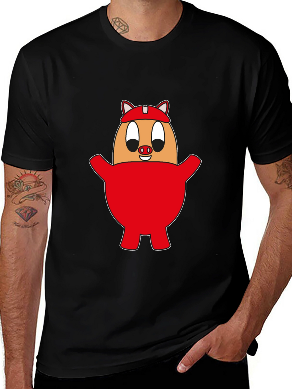 Cartoon Pig Egg Tee - Unisex Black Cotton Shirt