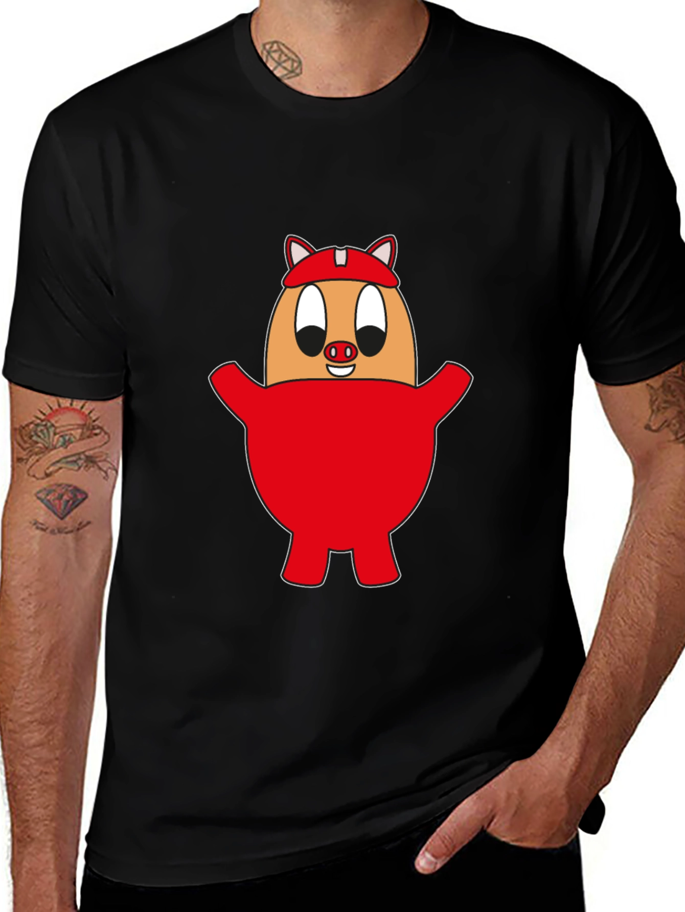 Cartoon Pig Egg Tee - Unisex Black Cotton Shirt
