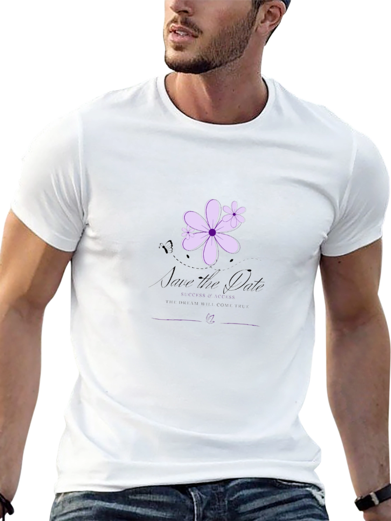 Elegant Black T-Shirt with Floral Save-the-Date Design