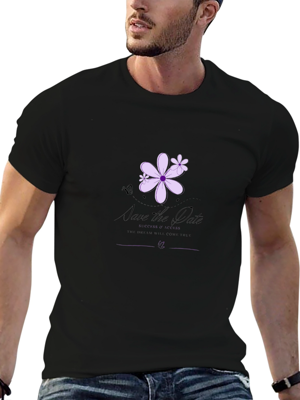 Elegant Black T-Shirt with Floral Save-the-Date Design