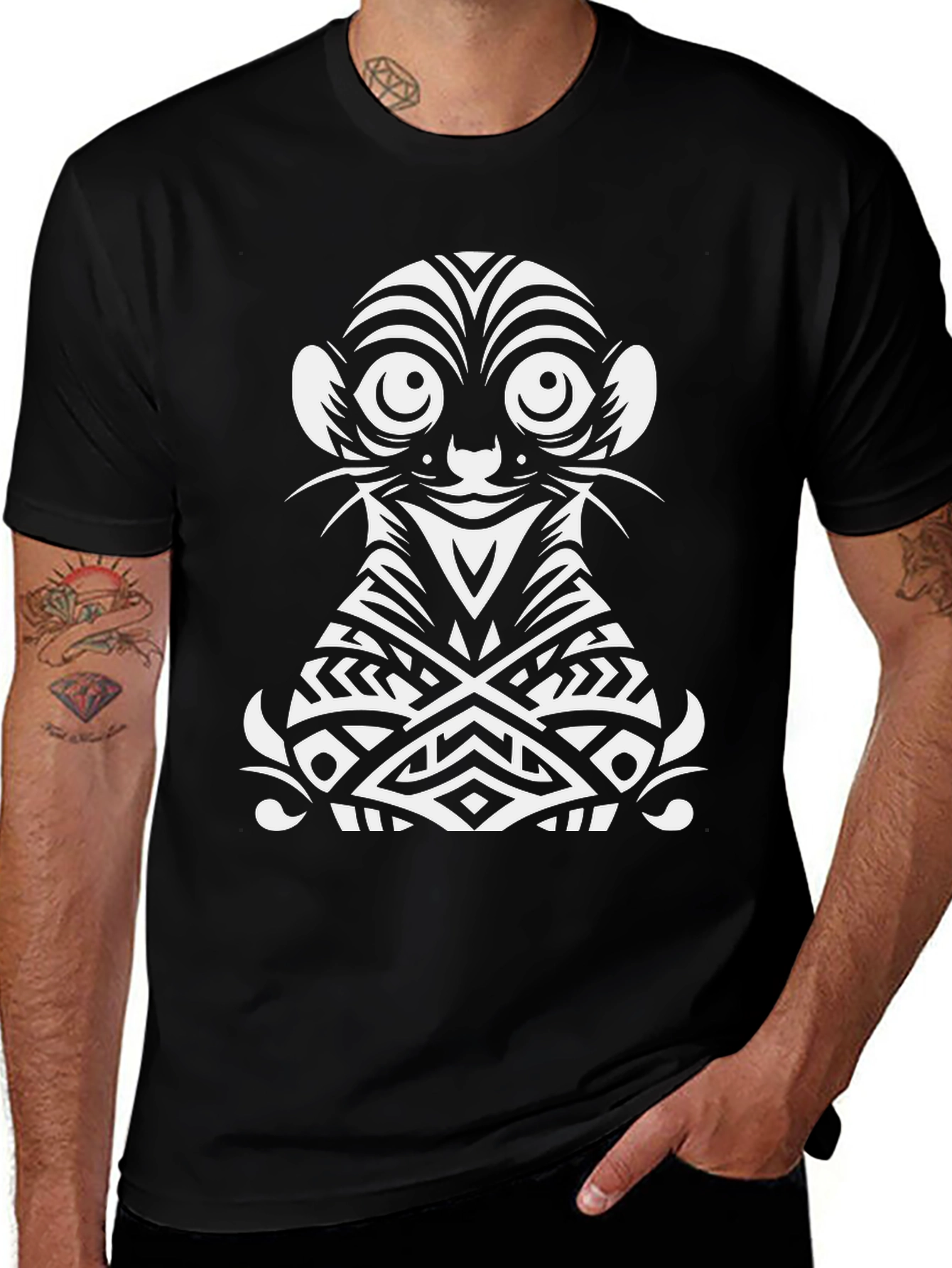 Tribal Meerkat Graphic Tee - Black Cotton Shirt