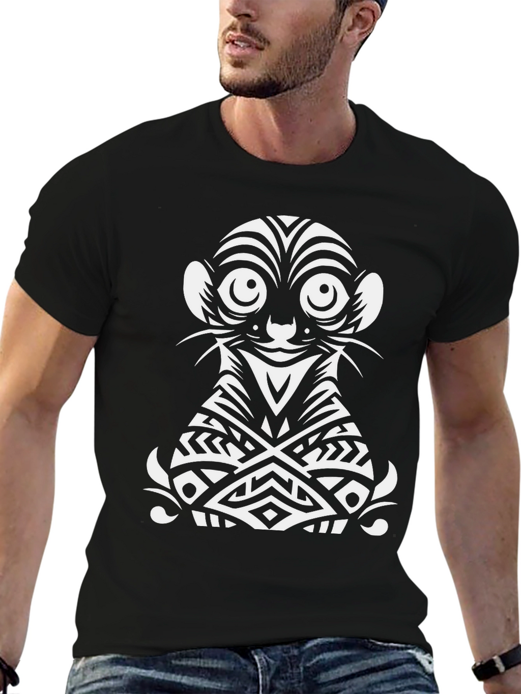 Tribal Meerkat Graphic Tee - Black Cotton Shirt