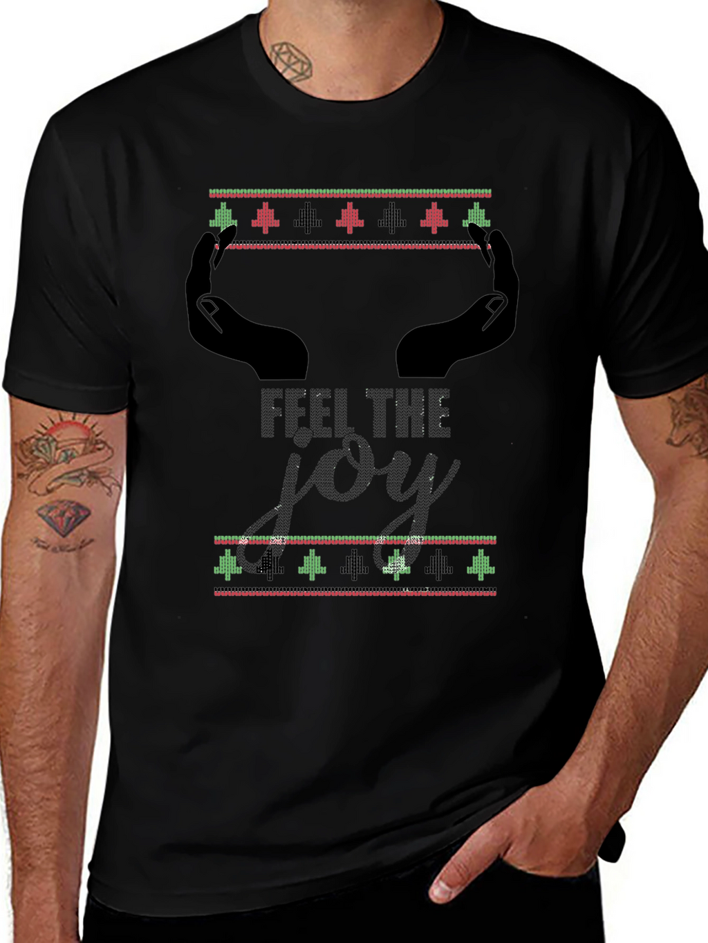 Feel The Joy Christmas Pattern Mens Black T-Shirt