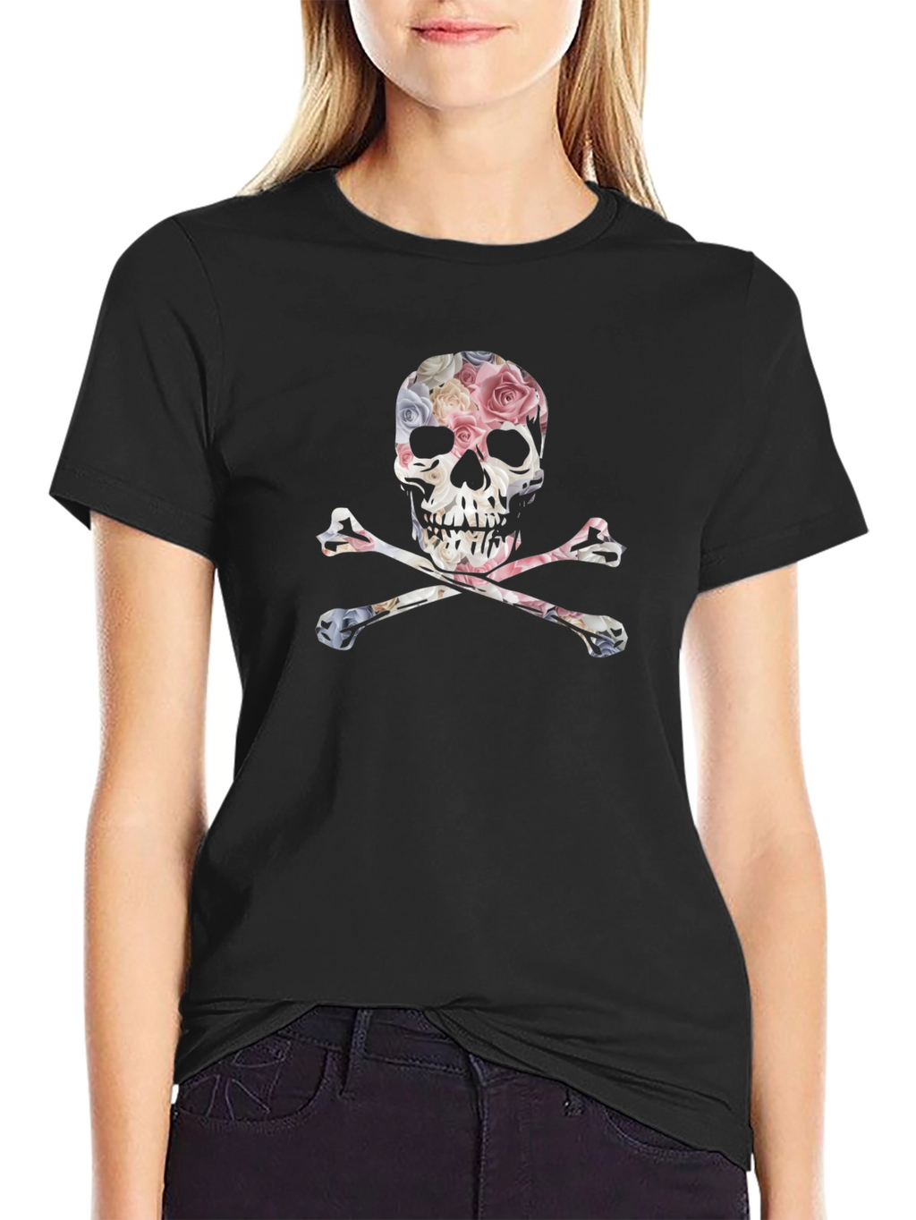 Floral Skull & Crossbones Graphic Tee - Black