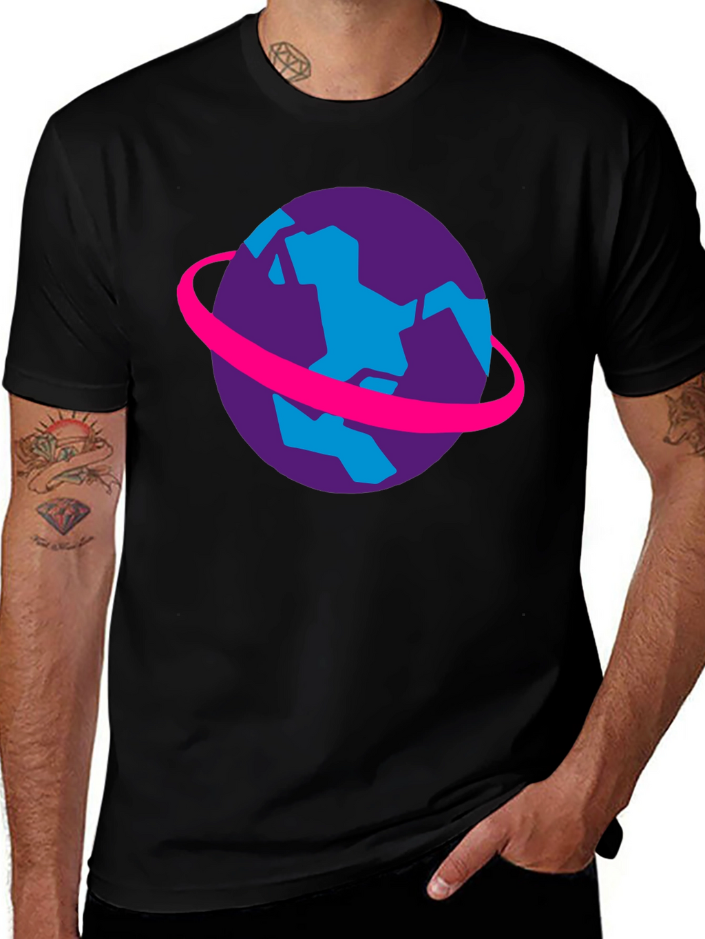 Retro Planet Graphic Tee - Black Cotton T-Shirt