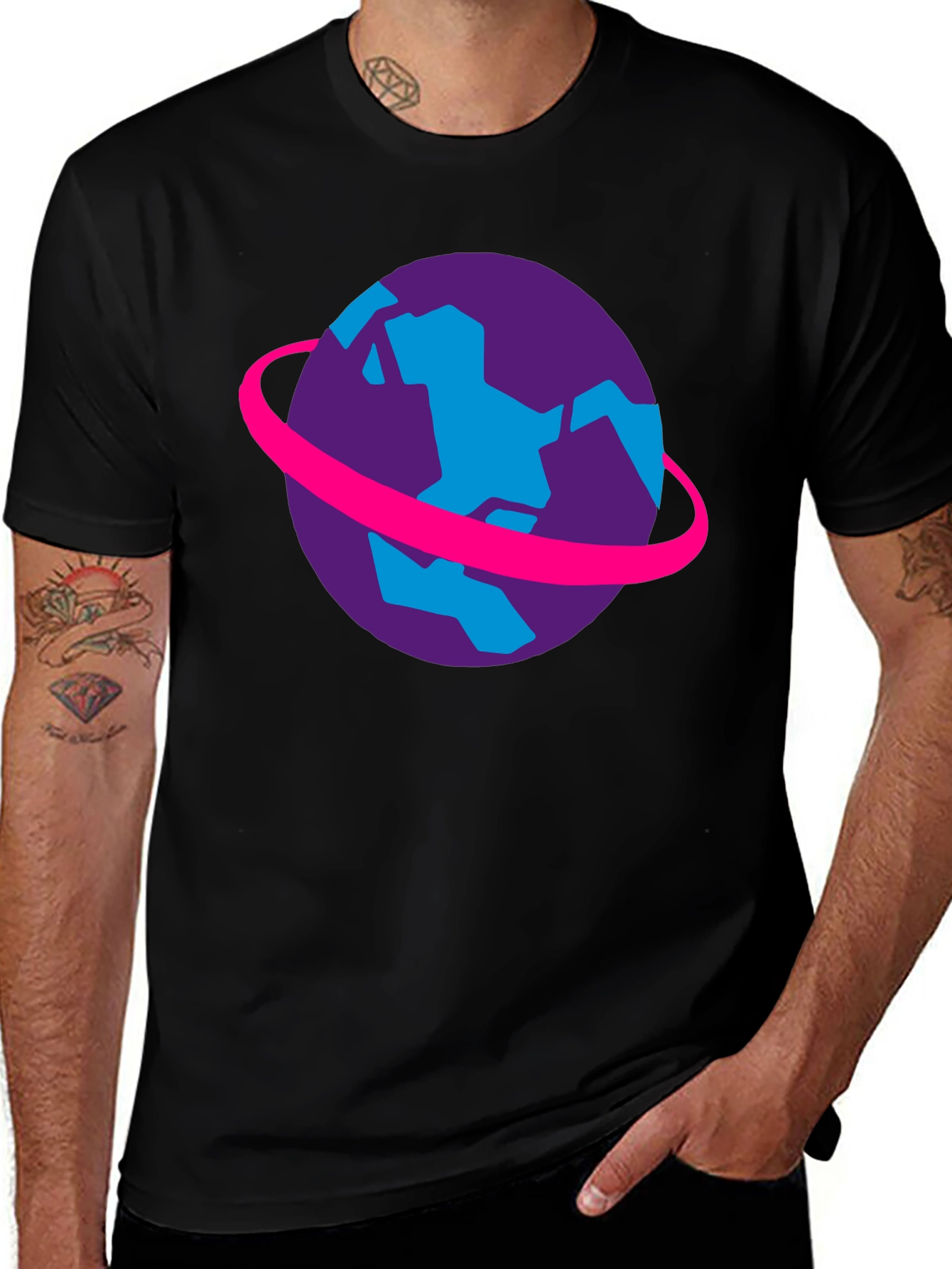 Retro Planet Graphic Tee - Black Cotton T-Shirt