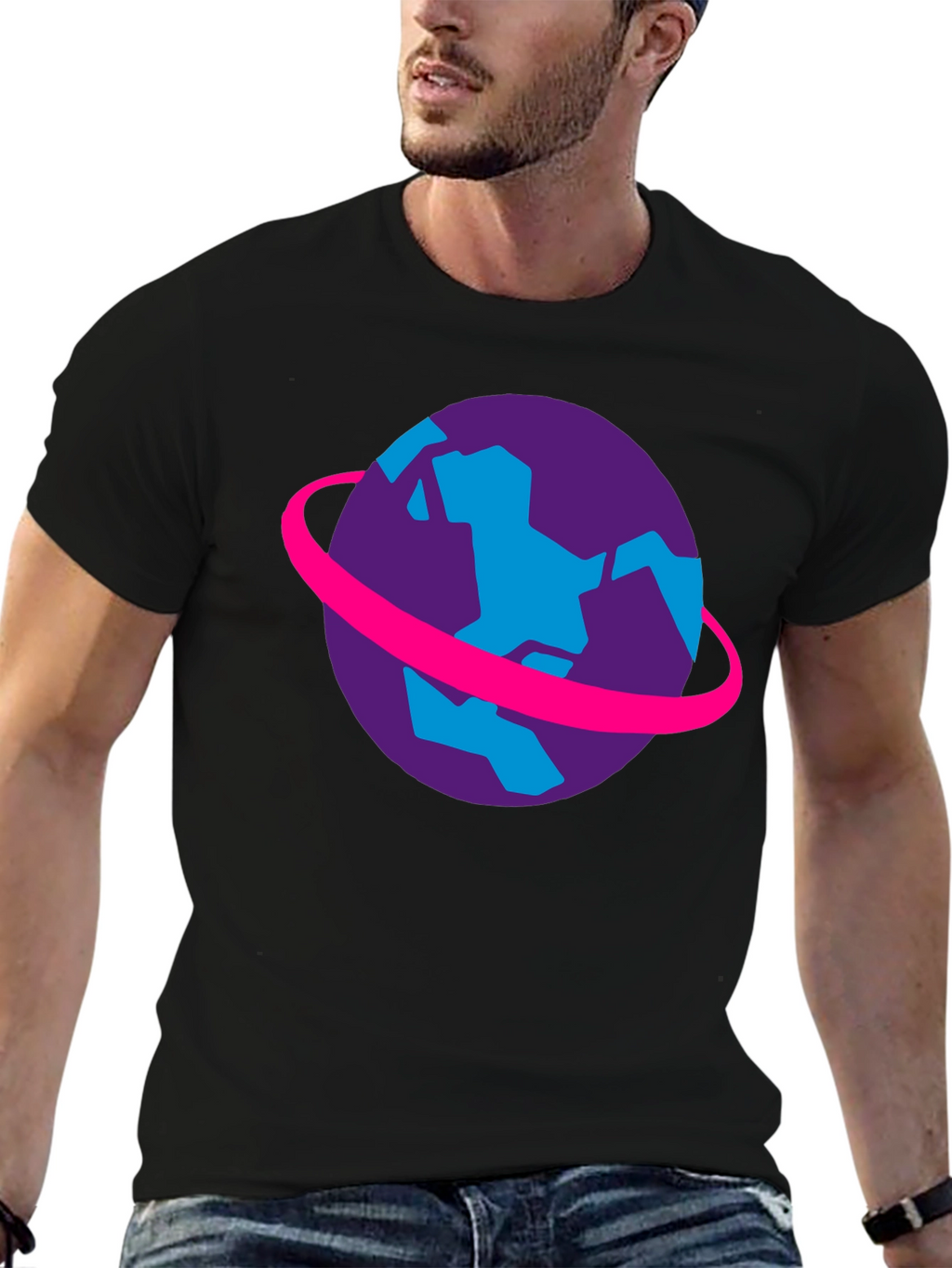 Retro Planet Graphic Tee - Black Cotton T-Shirt