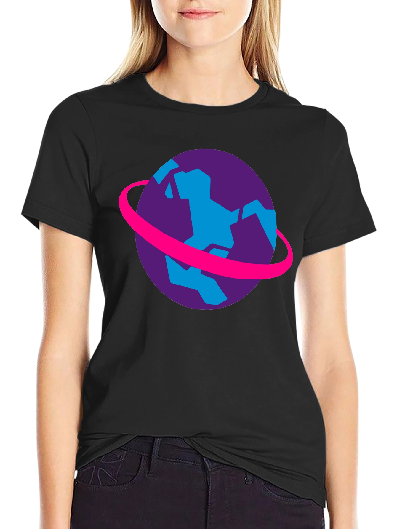 Retro Planet Graphic Tee - Black Cotton T-Shirt