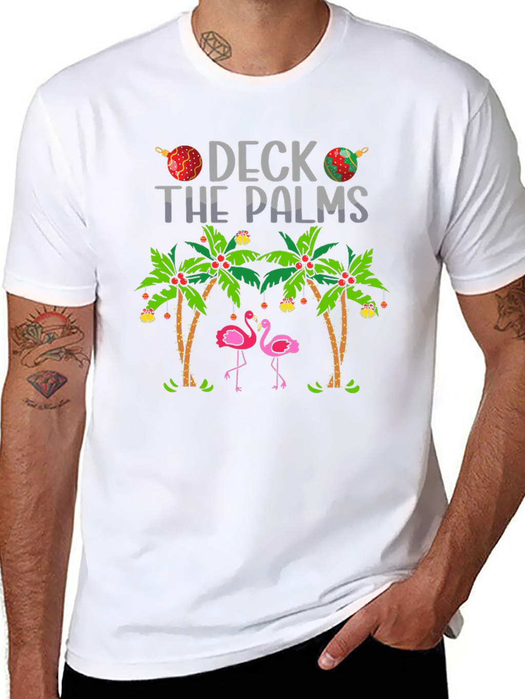 Deck the Palms Flamingo T-Shirt - Holiday Beach Vibes