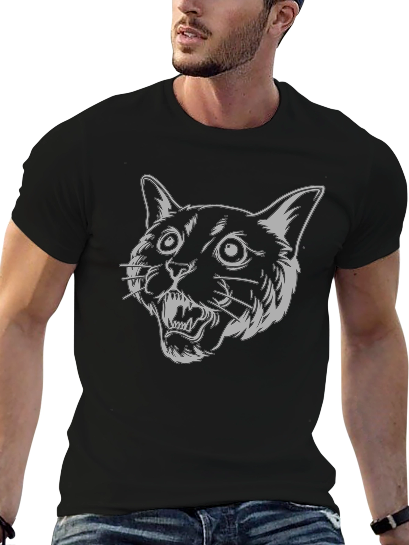 Mens Black T-Shirt - Graphic Cat Design