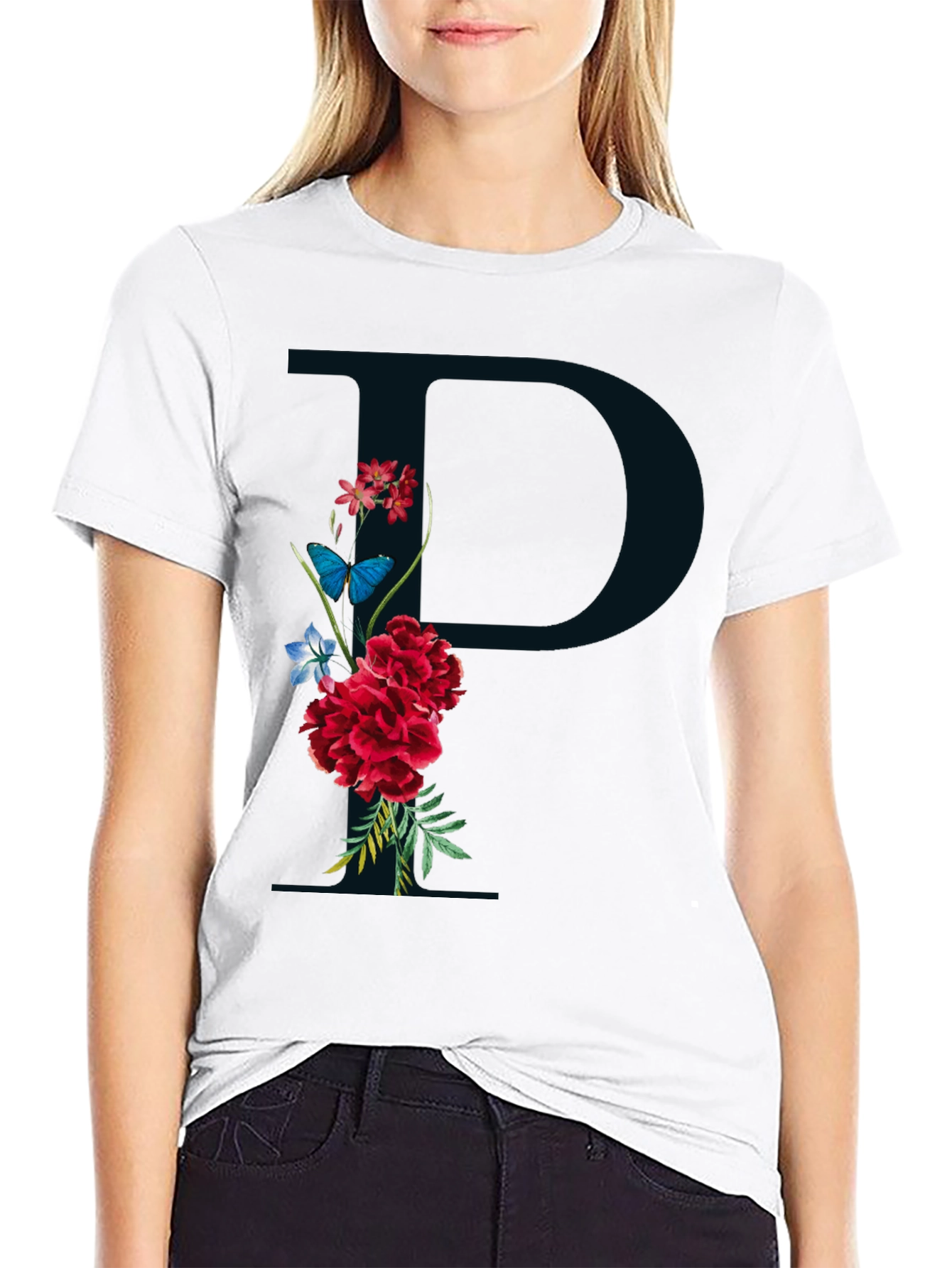 Floral Initial P Black T-Shirt