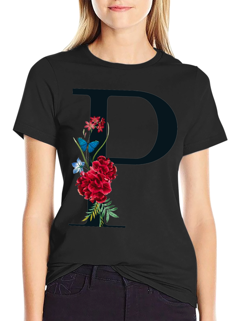 Floral Initial P Black T-Shirt