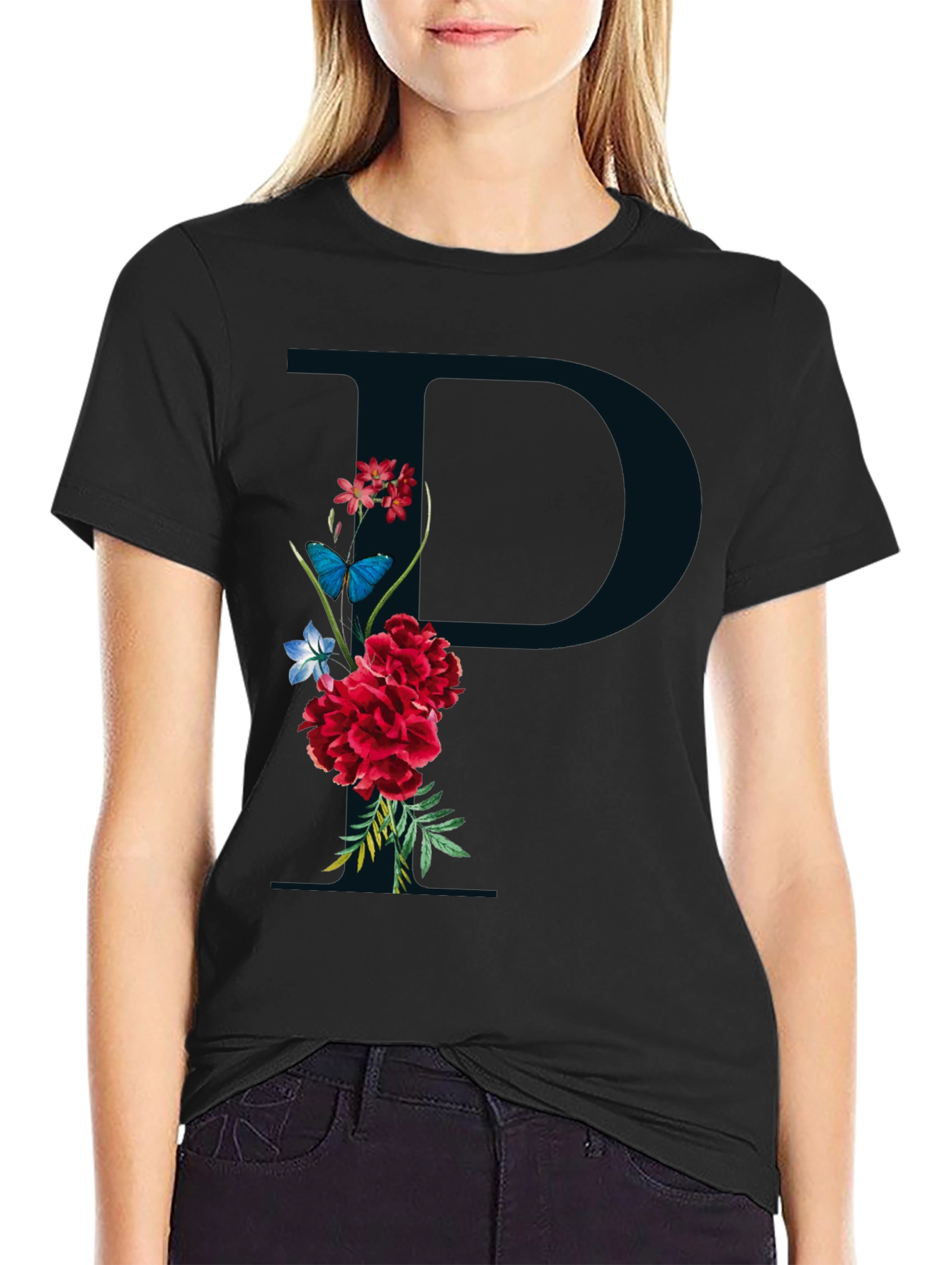 Floral Initial P Black T-Shirt