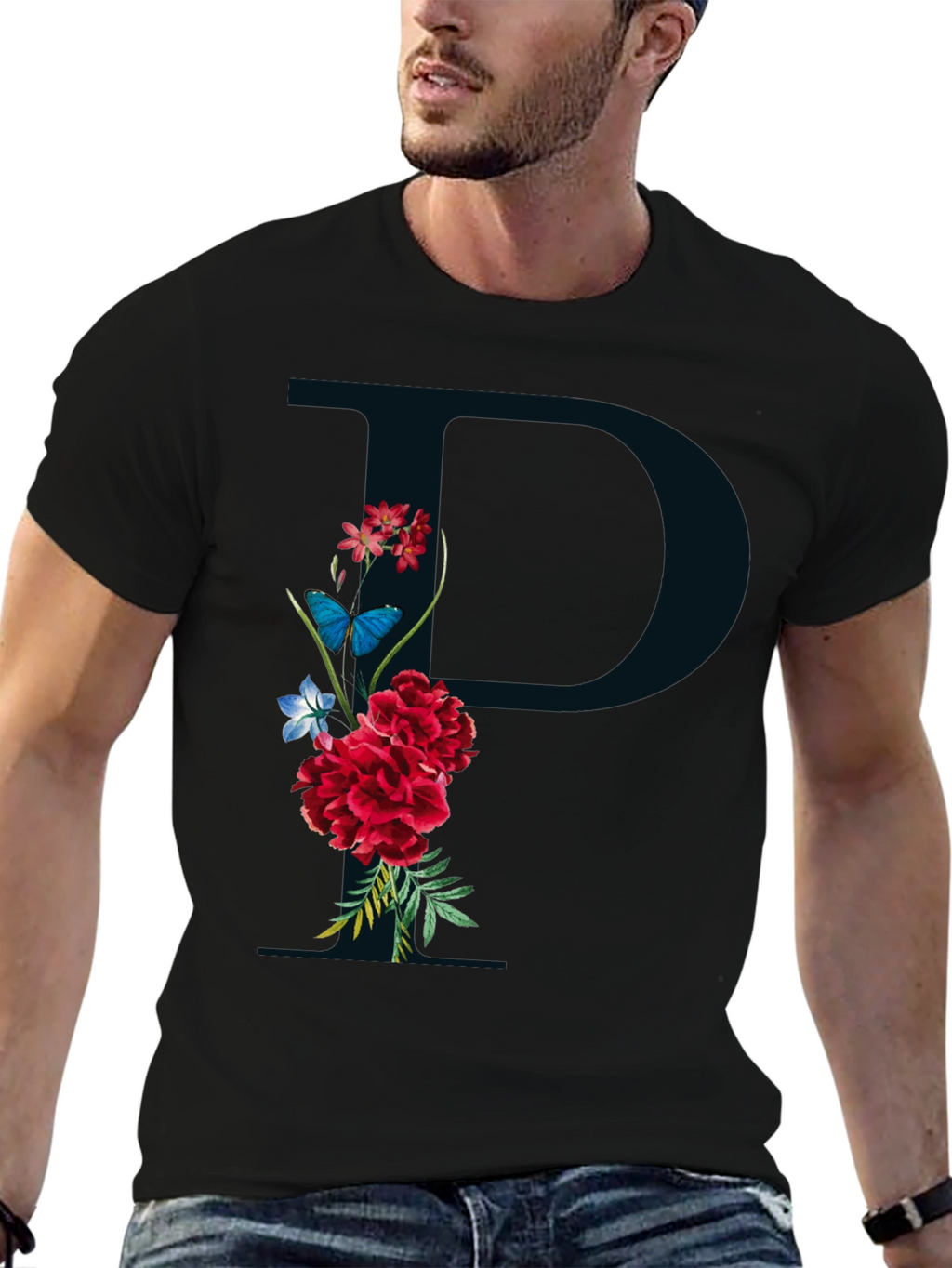 Floral Initial P Black T-Shirt