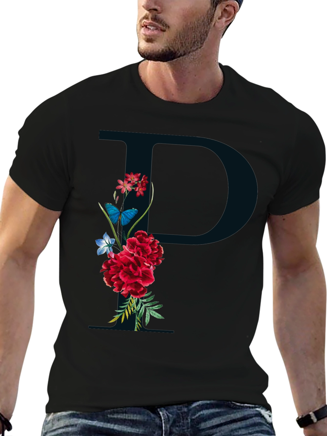 Floral Initial P Black T-Shirt