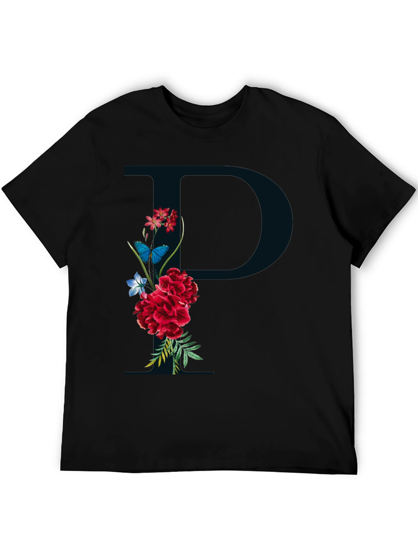 Floral Initial P Black T-Shirt