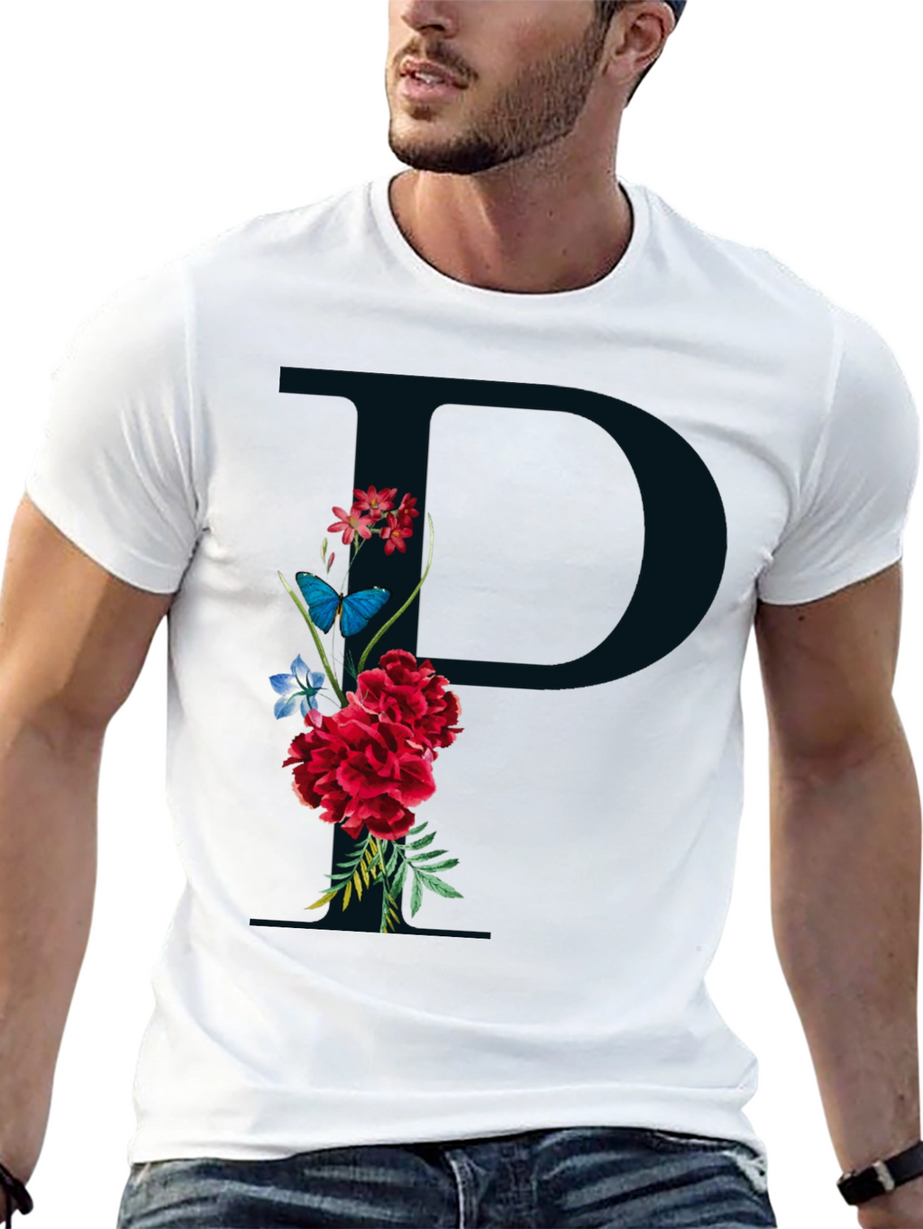 Floral Initial P Black T-Shirt