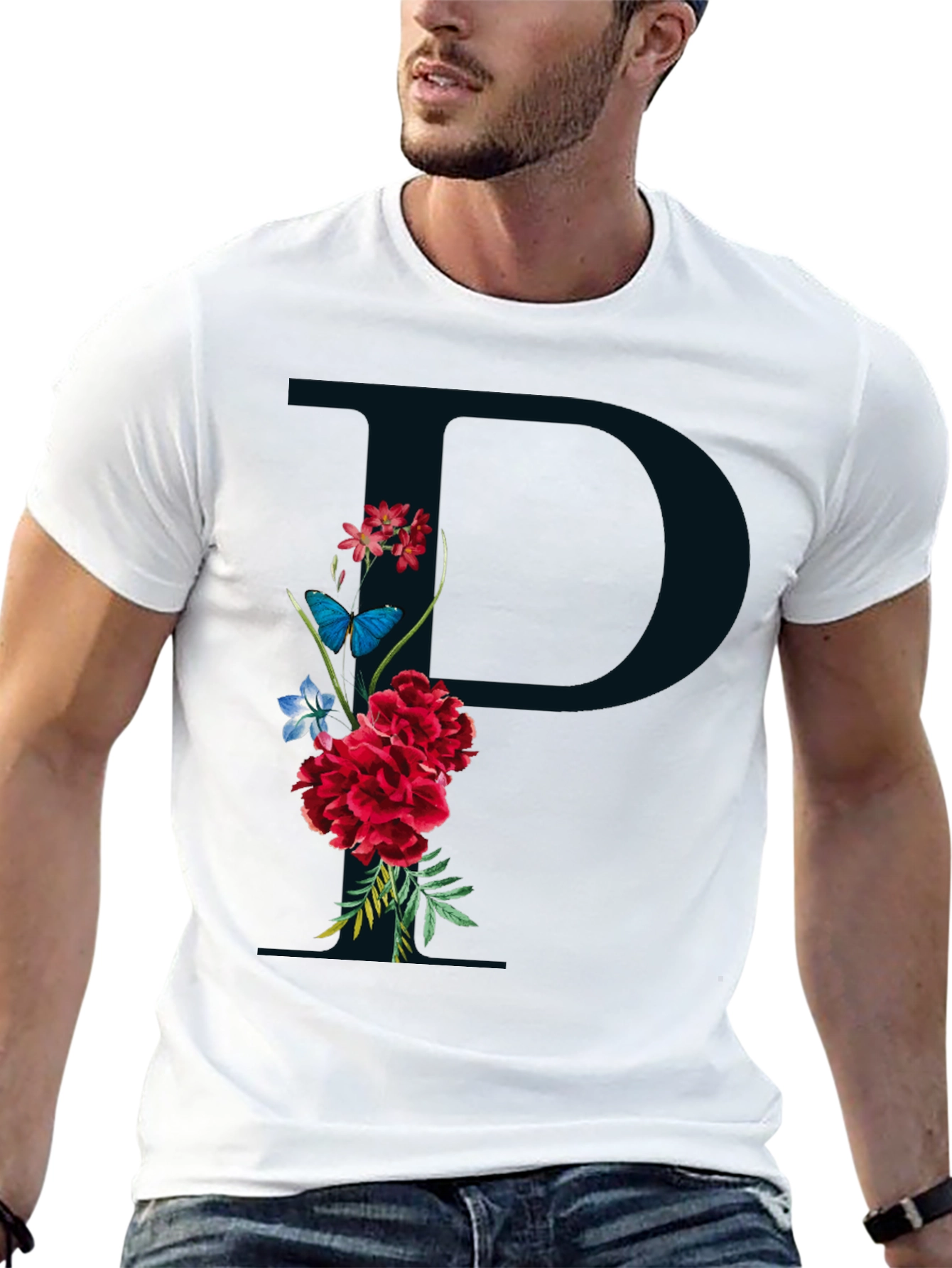 Floral Initial P Black T-Shirt