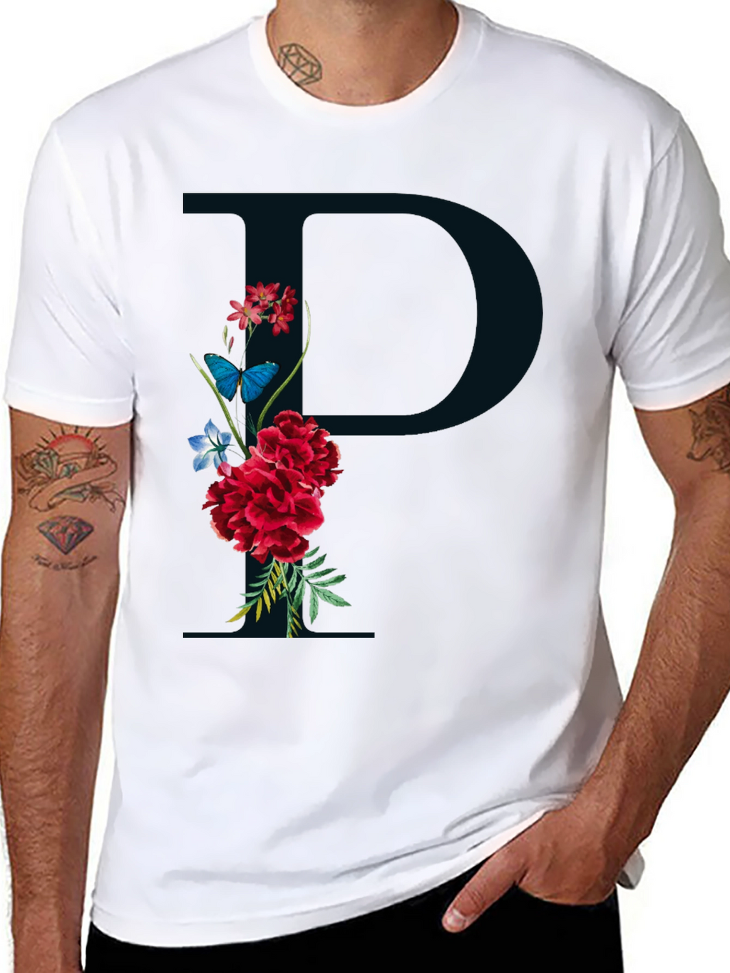 Floral Initial P Black T-Shirt