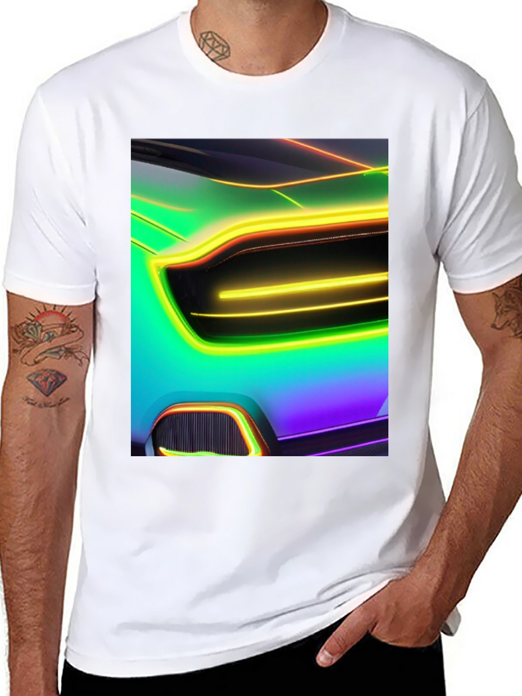 Neon Car T-Shirt - Black Cotton Graphic Tee
