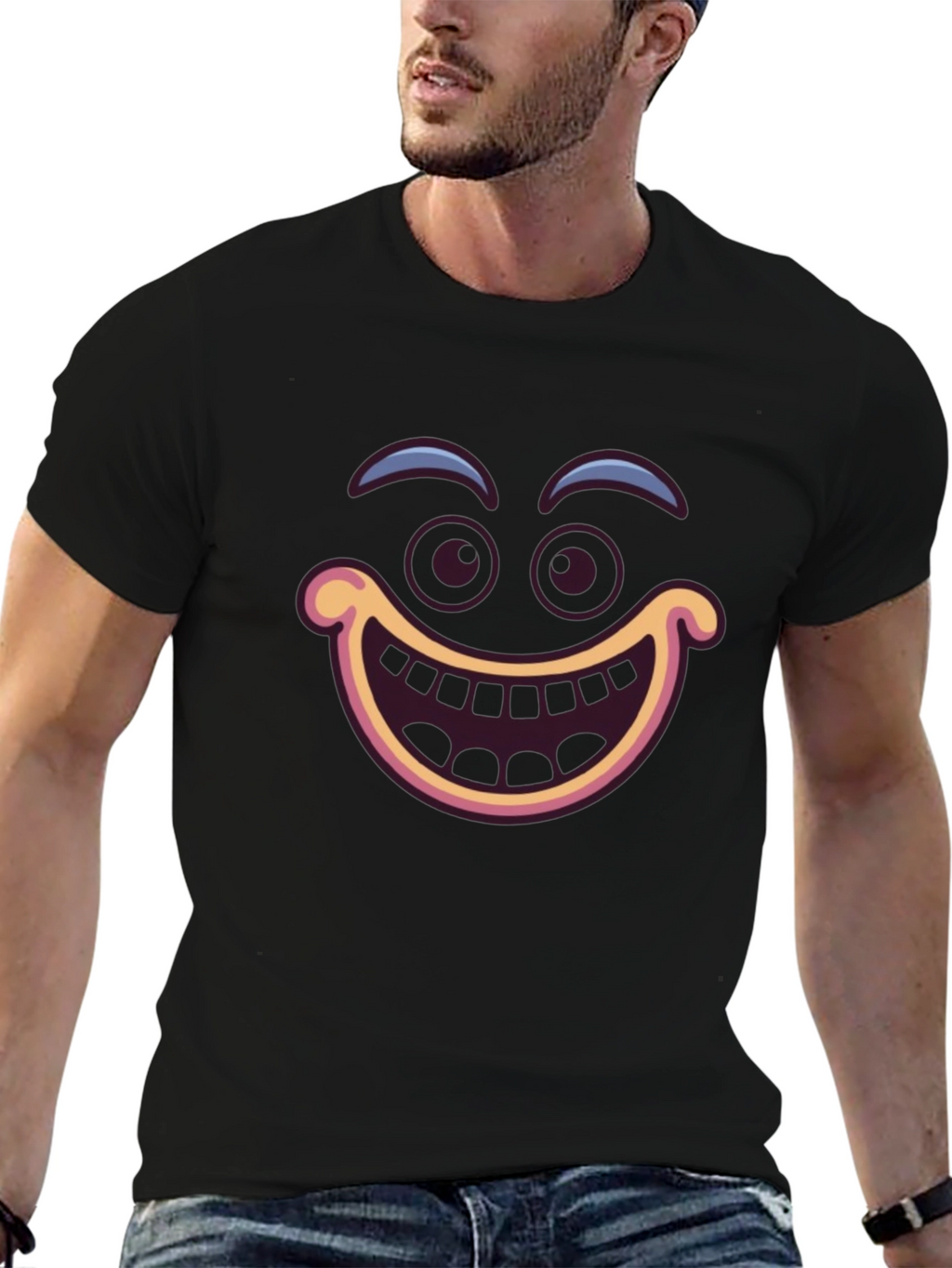 Funny Cartoon Face Black T-Shirt