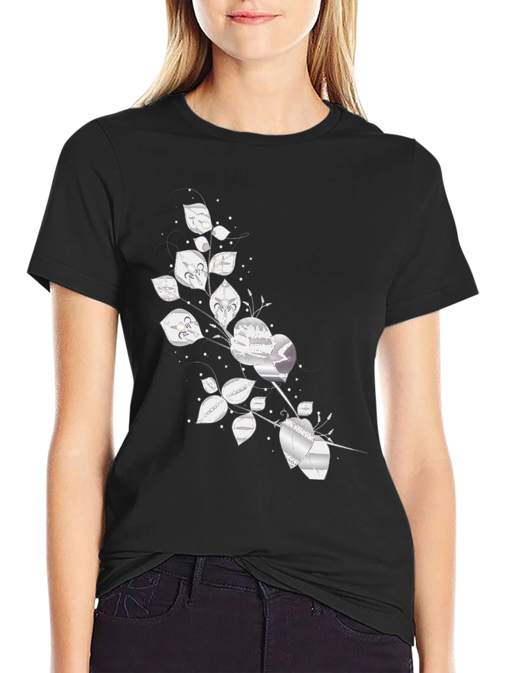 Silver Floral Design Black Tee