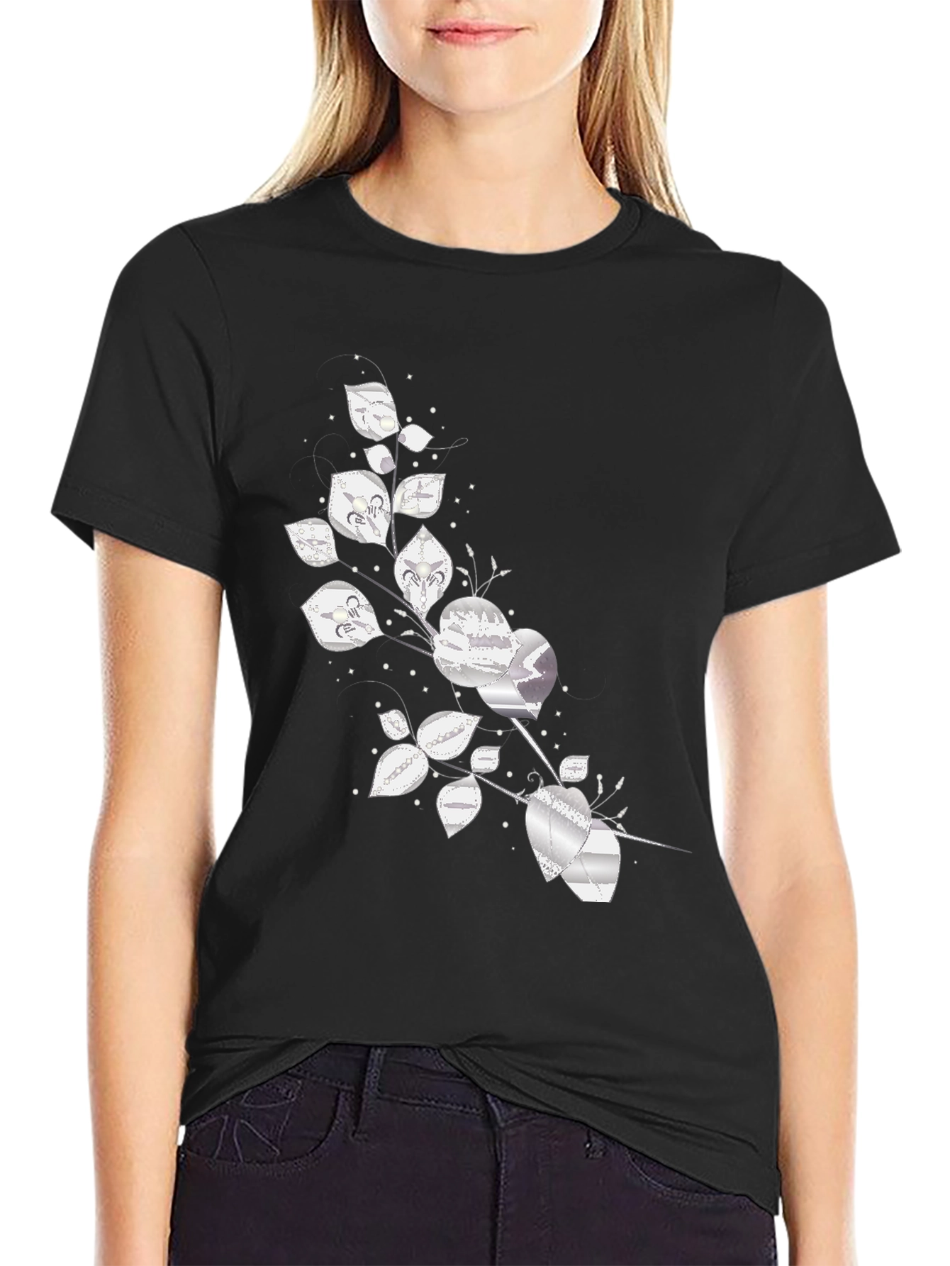 Silver Floral Design Black Tee